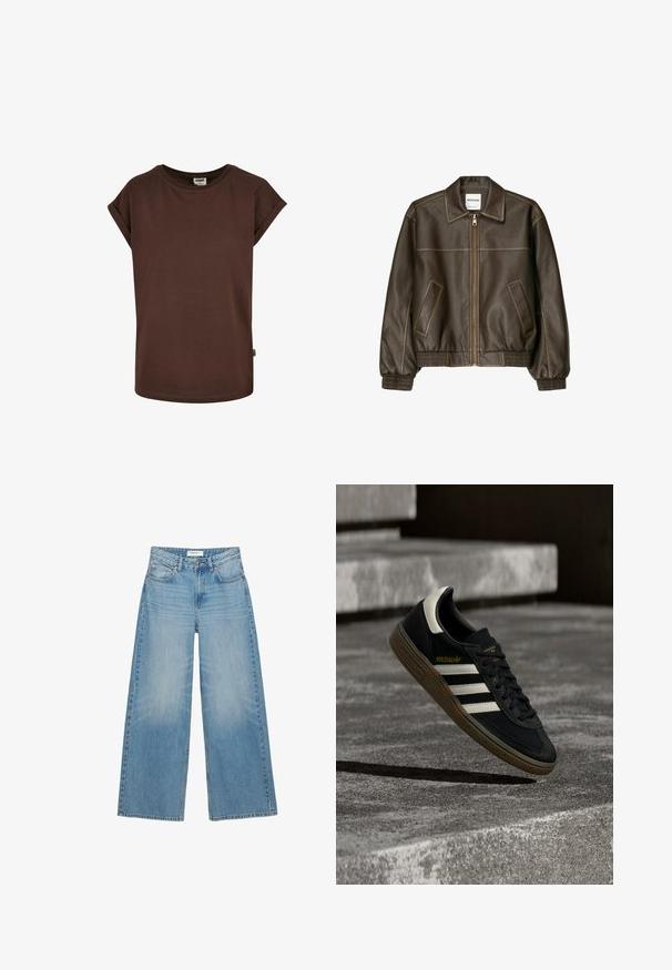 Veste marron en simili cuir avec fermeture éclair devant, deux poches inclinées, poignets et taille côtelés, présentée sur fond blanc.; T-shirt en coton marron avec des manches courtes roulées, un col rond et une coupe ample. Présente une petite étiquette sur la couture latérale.; Jean en denim bleu clair à jambes larges avec bouton et fermeture éclair à l'avant, passants de ceinture et poches avant visibles.; Baskets Adidas noires avec des bandes blanches et une semelle en gomme flottant au-dessus d'escaliers en béton gris sous une lumière naturelle.