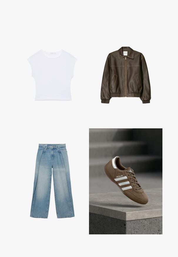 Veste bomber en cuir marron avec fermeture éclair à l'avant, col pointu, poignets et ourlet élastiqués, et poches latérales. Coutures contrastées visibles.; T-shirt court blanc à manches courtes avec col rond, en tissu lisse, posé à plat sur un fond blanc.; Jean large bleu clair à taille haute, avec bouton à l'avant, fermeture éclair et délavage subtil sur les cuisses et les genoux.; Baskets Adidas Spezial en daim marron avec des bandes blanches et des lacets, flottant au-dessus d'un rebord en béton gris sur un fond d'escaliers flous.