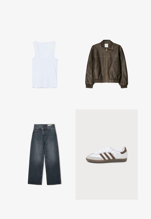 Braune Kunstlederjacke mit Frontreißverschluss, zwei schrägen Taschen, gerippten Bündchen und Bund, dargestellt vor weißem Hintergrund.; Weißes ärmelloses Tanktop mit Rundhalsausschnitt, flach auf einem weißen Hintergrund liegend.; Dunkelblaue Jeans mit weitem Bein, hoher Taille, vorderen Taschen und Knopfverschluss, flach auf weißem Hintergrund dargestellt.; Weißer und brauner Adidas Samba Sneaker mit drei braunen Streifen, Schnürsenkeln und strukturierter Sohle, von der Seite auf einem einfarbigen Hintergrund gezeigt.
