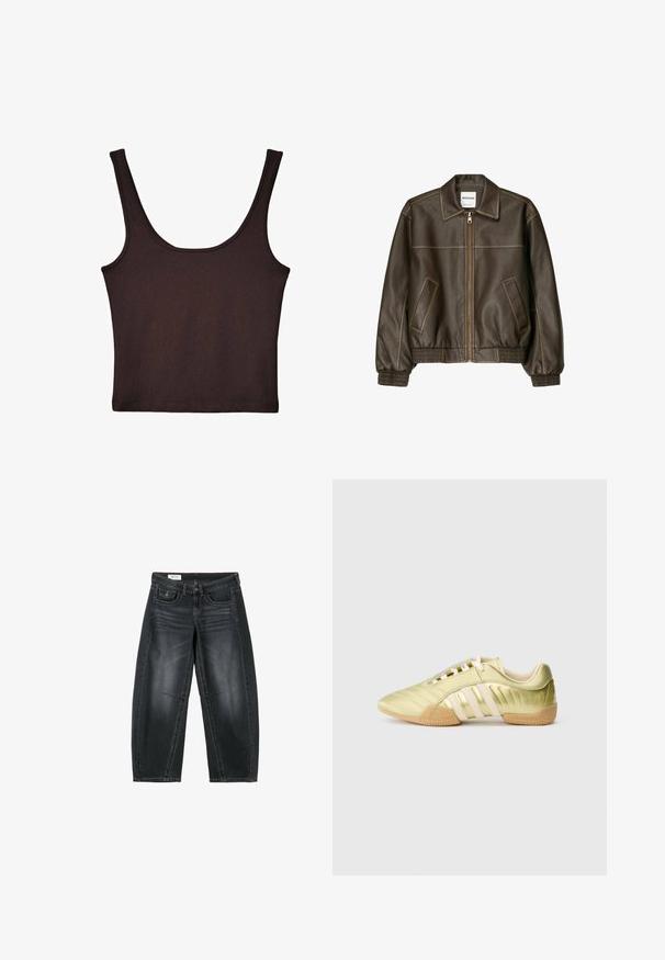 Veste bomber en cuir marron avec fermeture éclair à l'avant, col pointu, poignets et ourlet élastiqués, et poches latérales. Coutures contrastées visibles.; Débardeur côtelé marron foncé avec de larges bretelles et une coupe ajustée. Le tissu est doux avec une texture lisse et une longueur cropped.; Jean large court noir avec poches avant, fermeture par boutons et détails décolorés subtils au niveau des cuisses et des genoux.; Chaussure de sport synthétique vert citron avec une texture lisse, comportant trois bandes blanches, une doublure intérieure douce et une semelle extérieure en caoutchouc texturée.