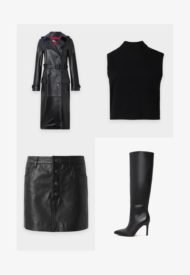 The Kooples Trenchcoat - black; Zwarte mouwloze coltrui met een aansluitend ontwerp, gemaakt van zachte stof, met een geribbelde halslijn en een gladde textuur.; Zwarte leren rok met een hoge tailleband, knoopsluiting aan de voorkant, twee zijzakken en een licht A-lijnvorm. Gestructureerde afwerking.; Zwarte leren knie-hoge stiletto laars met een spitse neus en een slanke, gladde oppervlakte. Beschikt over een hoge, slanke hak voor een verlengde silhoeet.