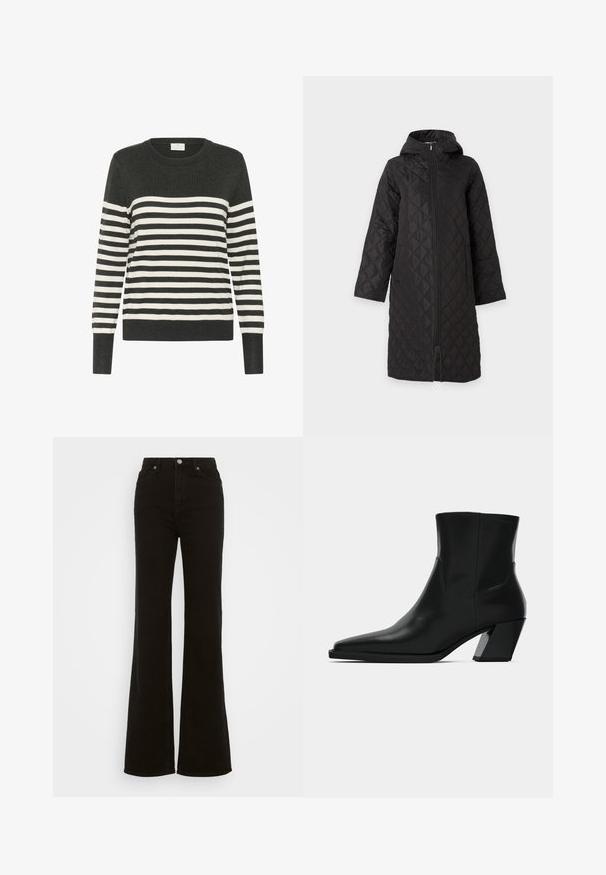 Long manteau matelassé noir avec capuche et fermeture éclair intégrale à l'avant, conçu pour la chaleur et la protection contre les intempéries.; Pull rayé en gris foncé et blanc, col rond, manches longues, arborant des rayures horizontales et des poignets et un ourlet côtelés. Matière tricotée douce.; Jean évasé noir taille haute en denim, avec une fermeture à bouton, des poches latérales et une texture lisse.; Bottine en cuir noir avec un bout pointu, une silhouette élégante et un talon carré massif. Texture lisse avec des détails de couture minimalistes.