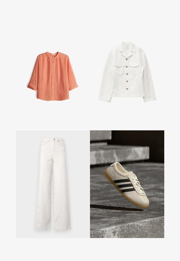 Witte jas met lange mouwen, knopen, twee borstzakken en een kraag, plat weergegeven op een witte achtergrond.; Koraal kleurige blouse met een ronde halslijn en driekwart mouwen. Gemaakt van een lichtgewicht stof met een gestructureerde afwerking en geplooide details.; ONLY Tall ONLHOPE GLOBAL HIGH WAIST WIDE - Broek - pumice stone; Witte sneaker met zwarte strepen en rubberen zool zwevend boven betonnen trap in zacht daglicht.