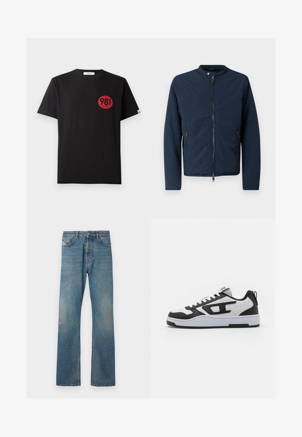 Navyblå letvægtsjakke med høj krave, lynlås foran og to sidelommer. Har et struktureret stof for et afslappet look.; Sort bomulds T-shirt med korte ærmer, der har et rødt cirkulært print, som inkluderer tallene "981" og ordet "REPLAY."; Blå denimjeans med et lige ben-design, der har en let falmning, forlommer og en knaplukning i taljen.; Hvide og sorte sneakers med en tekstureret læderoverdel, polstret krave, rund tå og kontrasterende gummisål. Inkluderer hvide snørebånd og logo-detalje.