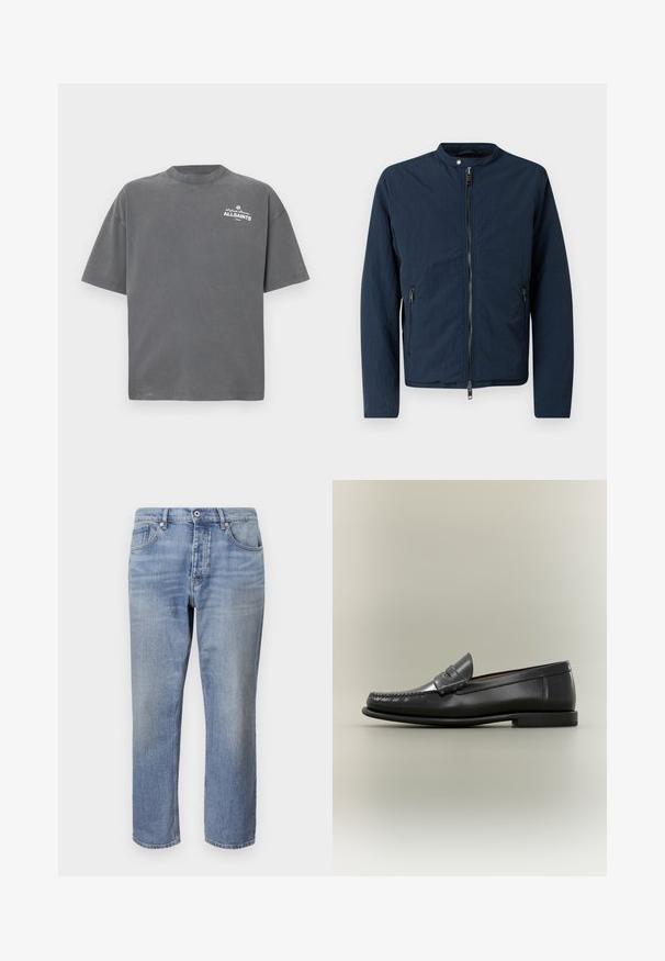 Marineblaue leichte Jacke mit hohem Kragen, vorderem Reißverschluss und zwei seitlichen Taschen. Verfügt über einen strukturierten Stoff für einen lässigen Look.; Dunkelgraues T-Shirt mit kurzen Ärmeln und Rundhalsausschnitt mit kleinem weißen "ALLSAINTS"-Logo auf der oberen linken Brust.; Helle blaue Jeans mit geradem Schnitt, fünf Taschen, sichtbaren Nähten und einem Knopfverschluss an der Taille.; Schwarzer Herren-Loafer aus Leder mit Mokassin-Zehennaht, Penny-Riemen und flachem Absatz vor neutralem Hintergrund.