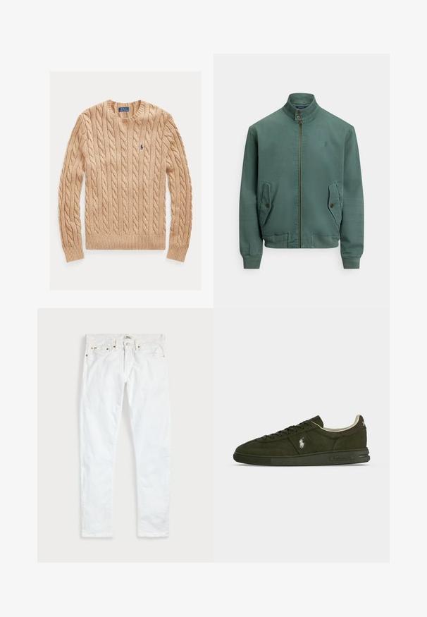Chaqueta bomber de algodón verde con cuello alto, cremallera frontal, dos bolsillos laterales y puños acanalados. Presenta un pequeño logo en el pecho.; Jersey beige de punto trenzado con cuello redondo, mangas largas y pequeño logo azul de Polo Ralph Lauren en el pecho izquierdo.; Vaqueros blancos de corte ajustado con cinco bolsillos, cierre de botones y trabillas para cinturón, extendidos sobre un fondo liso y claro.; Zapatilla deportiva de ante verde oscuro de corte bajo con cordones, logotipo de Polo Ralph Lauren en el lateral y en la lengüeta del talón, forro interior blanco y suela texturizada.