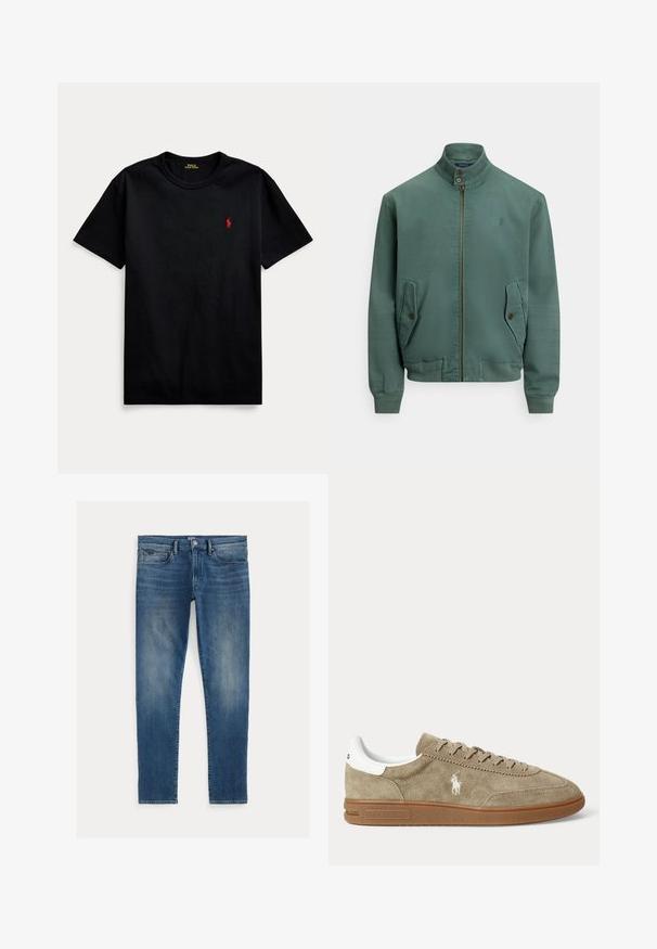Groene katoenen bomberjack met een opstaande kraag, een ritssluiting aan de voorkant, twee zijzakken en geribbelde manchetten. Heeft een klein logo op de borst.; Zwarte katoenen t-shirt met korte mouwen, ronde hals en klein rood geborduurd logo op de linkerborst. Gladde textuur, casual design.; Blauwe denim jeans met een slim fit, met een vervaagd effect, vijf zakken en een ritssluiting met een bovenste knoop. Opvallende stikseldetails.; Beige suède lage sneaker met bruine zool, witte hiel-detail, veters en een wit geborduurd polo-speler logo aan de zijkant.