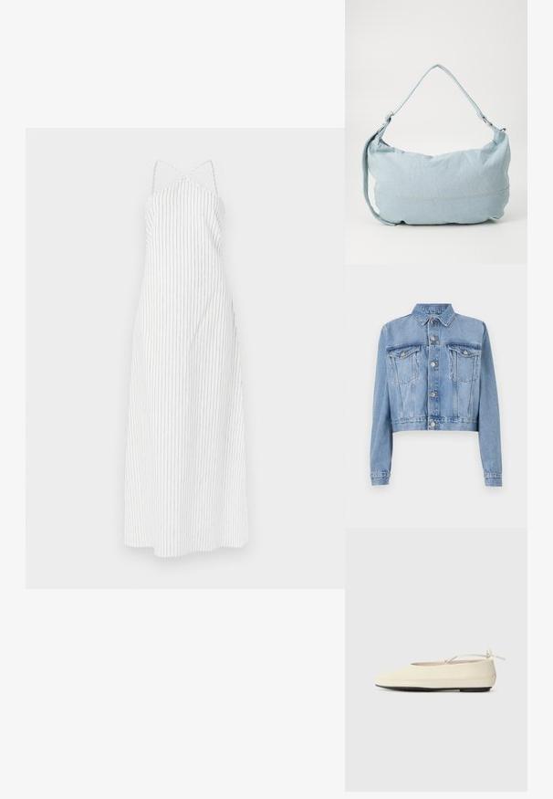 Veste en denim bleu clair coupée avec un devant à boutons, deux poches poitrine et un col. Présente une texture délavée et des détails de couture visibles.; Robe blanche à rayures avec un design à dos croisé, fabriquée en tissu léger. Présente de fines rayures verticales noires et une silhouette fluide.; Des chaussures plates de couleur crème avec un bout arrondi, une sangle à la cheville et une semelle en caoutchouc noir contrastante. Matériau lisse avec un detailing minimal.; Sac à dos en denim bleu clair de forme arrondie, avec une bandoulière ajustable et un subtil détail de couture le long du bas. Texture douce.