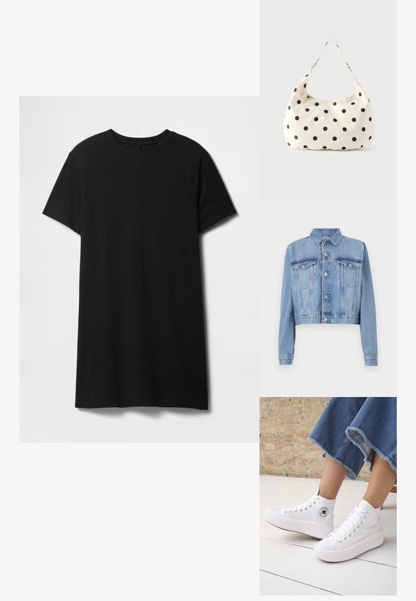 Lyseblå denim cropped jakke med knaplukning foran, to brystlommer og krave. Har en falmet tekstur og synlige syninger.; Sort kortærmet t-shirt lavet af bomuld, med klassisk rund halsudskæring og en lige kant, med en glat, mat tekstur.; Person iført hvide høje Converse-sneakers med tykke såler og beskårne blå jeans med flossede kanter mod en murstensvæg og hvidt gulv.; Håndtaske i cremefarvet stof med sorte polkaprikker og en enkelt skulderrem, vist mod en ensfarvet hvid baggrund.