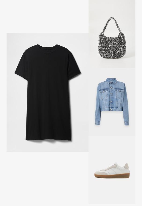 Lyseblå denim cropped jakke med knaplukning foran, to brystlommer og krave. Har en falmet tekstur og synlige syninger.; Sort kortærmet t-shirt lavet af bomuld, med klassisk rund halsudskæring og en lige kant, med en glat, mat tekstur.; Hvide lædersneakers med beige ruskindsdetaljer, struktureret tunge og gummisål. Har hvide snørebånd og diskrete stikninger.; Vævet håndtaske i sort og hvid med en rund form, tekstureret overflade og et fletet håndtag. Velegnet til afslappet brug.