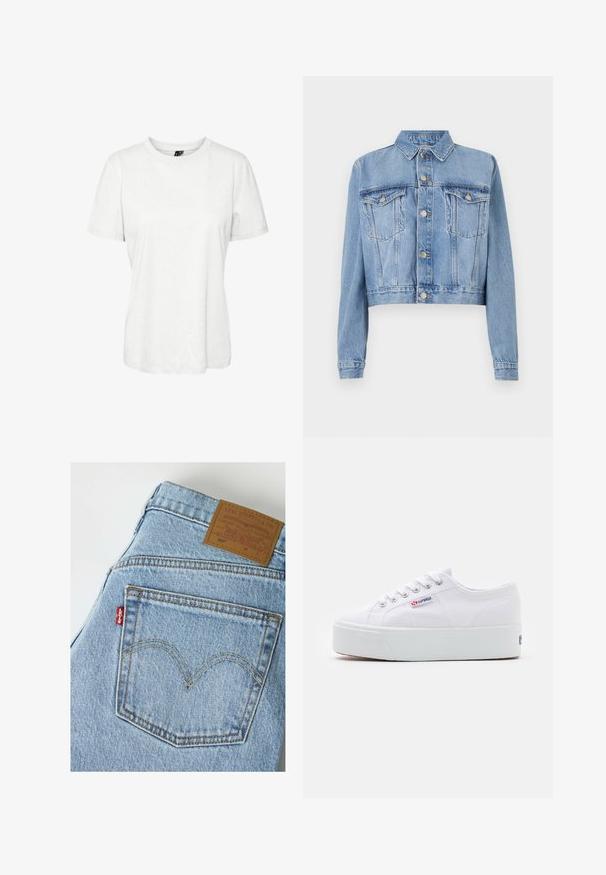 Lichtblauwe denim cropped jack met een knoopsluiting aan de voorkant, twee borstzakken en een kraag. Heeft een vervaagde textuur en zichtbare stiksel details.; Witte korte mouw t-shirt van katoen met een ronde hals en een relaxte pasvorm. Gladde textuur en geen zichtbare patronen of versieringen.; Lichtblauwe Levi's denim jeans met de achterzak met oranje stiksels en het bruine Levi Strauss merkje op de tailleband.; Witte canvas sneaker met een dikke witte platformzool, ronde neus en metalen oogjes voor veters. Merkl logo aan de zijkant weergegeven.