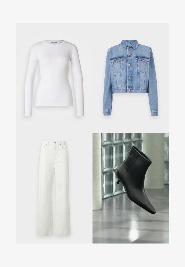 Veste en denim bleu clair coupée avec un devant à boutons, deux poches poitrine et un col. Présente une texture délavée et des détails de couture visibles.; Chemise blanche à manches longues en tissu côtelé, avec un col rond et une coupe cintrée. Aucun motif ni accent présent.; Samsøe Samsøe SHELLY - Jean boyfriend - clear cream; Bottine en cuir noir à bout pointu et petit talon kitten, présentée en angle devant un sol poli et un mur en blocs de verre.