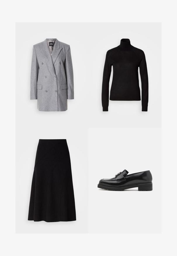 Grå dobbeltbrystet blazer med en tekstureret stof, skrå lapels, to frontlommer og tre grå knapper. Indvendig foring er lys grå.; Sort turtleneck sweater lavet af et let strikket stof. Har lange ærmer og en tætsiddende silhuet med raglan-sømme.; Sort uld A-line nederdel med mellem høj talje, der har diagonale sømdetaljer og en glat tekstur, der falder lige under knæet.; Sorte lakerede loafers med lav blokhæl, syet tå og metalspænde detaljer på oversiden, vist i sideprofil på hvid baggrund.