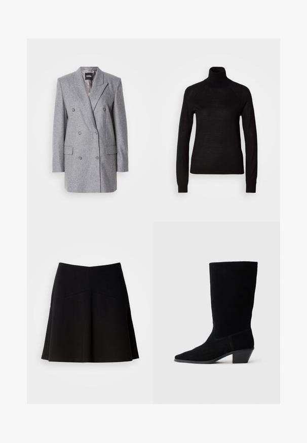 Grå dobbeltbrystet blazer med en tekstureret stof, skrå lapels, to frontlommer og tre grå knapper. Indvendig foring er lys grå.; Sort turtleneck sweater lavet af et let strikket stof. Har lange ærmer og en tætsiddende silhuet med raglan-sømme.; Sort flagrende nederdel lavet af blødt stof, med en tætsiddende talje og sømdetaljer. Glat tekstur med et enkelt, klassisk design.; Sort ruskind ankelstøvle med spidse tæer, mellemhøj skaft og en chunky hæl. Fuldender et minimalistisk design med lidt syninger og en glat tekstur.