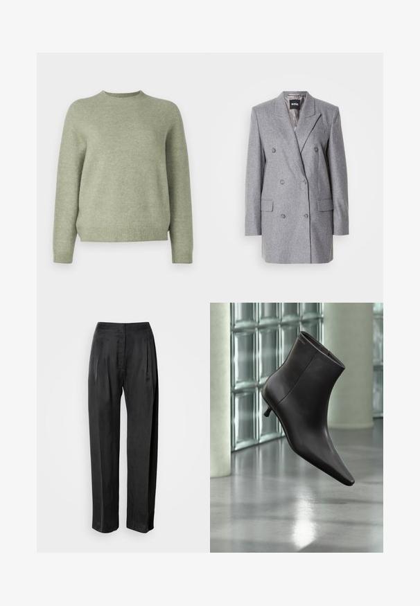 Blazer gris de doble botonadura con una tela texturizada, solapas con muesca, dos bolsillos delanteros y tres botones grises. El forro interior es de color gris claro.; DRYKORN PEMIRI - Jersey de punto - green; Pantalones negros de pernera ancha hechos de tela suave, con pliegues frontales, cremallera y diseño clásico de cinturilla.; Bota de cuero negro para el tobillo con puntera puntiaguda y tacón pequeño, exhibida frente a una pared de bloques de vidrio y un suelo pulido.