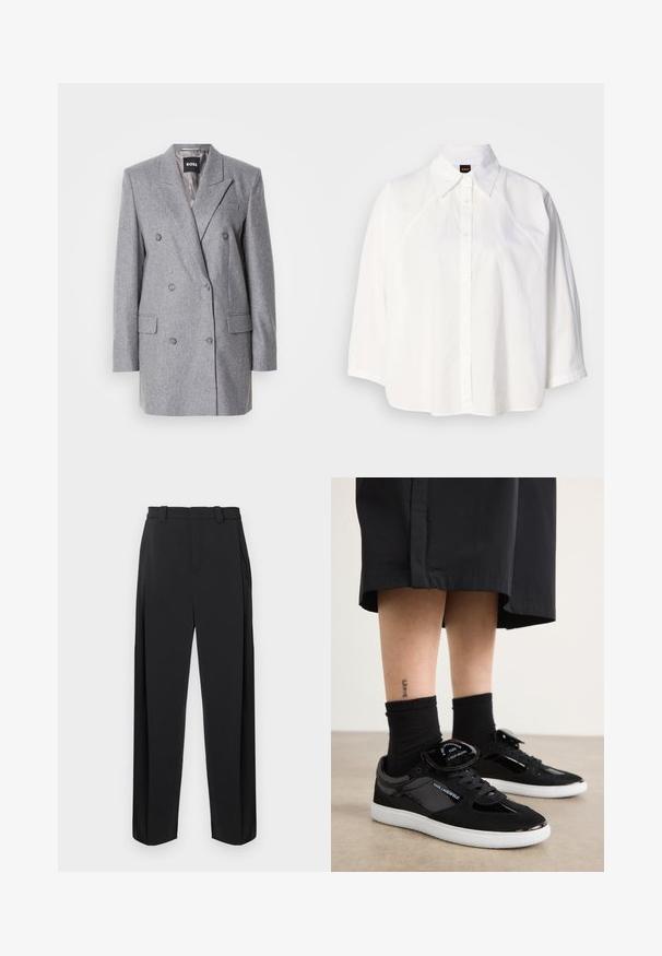 Grau doppelt knüpfiger Blazer aus strukturiertem Stoff, mit Reverskragen, zwei vorderen Taschen und drei grauen Knöpfen. Das Innenfutter ist hellgrau.; Weißes Kurzarmhemd mit klassischem Kragen, Knopfleiste und abgerundetem Saum. Verfügt über eine glatte Textur und dezente Nähte.; Schwarze Hose mit hohem Bund, vorgefaltet und geraden Beinen. Hergestellt aus glattem Stoff, mit Gürtelschlaufen und Seitentaschen.; Schwarze Sneaker aus Wildleder und lackiertem Leder, mit einer weißen Sohle, Schnürdesign und einem logobearbeiteten Zungenakzent.