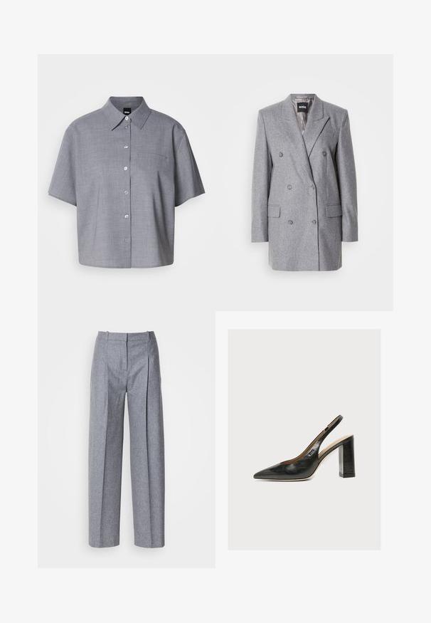 Grå dobbeltbrystet blazer med en tekstureret stof, skrå lapels, to frontlommer og tre grå knapper. Indvendig foring er lys grå.; Grå kortærmet skjorte lavet af letvægtsstof, med krave, knaplukning foran, en enkelt brystlomme og en afslappet pasform.; Lys grå bredbenede bukser i et struktureret stof, med plisseringer foran og en skræddersyet talje. Minimalistisk design, ingen synlig hardware.; Sort læder kvindesko med slingback, spids tå og tyk blokhøj hæl på hvid baggrund.