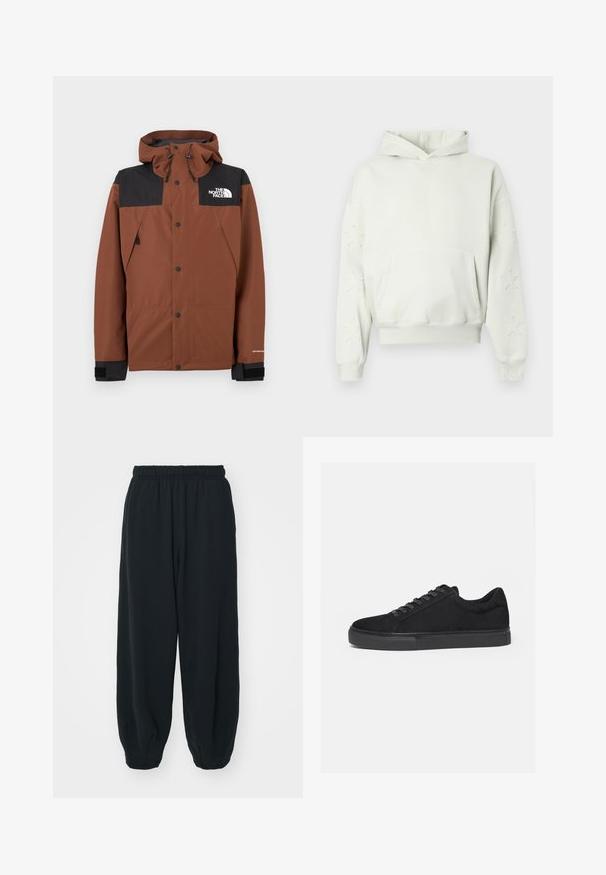Brun lynlåstrøje med sort øverste sektion, justerbar hætte og logo på brystet. Har trykknapper og elastiske manchetter.; Lysegrå hoodie med en frontlomme, stjernesyninger på ærmerne, ribbede manchetter og bund samt en hætte med snøre. Blød bomuldsstof.; Sorte svedbukser med elastisk talje, løs pasform, afsluttede ankler, glat tekstur og uden synlige mønstre eller hardware-detaljer.; Sort lavtop sneaker med snørelukning foran og flad gummisål, vist fra siden på en hvid baggrund.