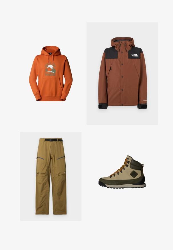 Chaqueta marrón con cremallera, sección superior negra, capucha ajustable y logo en el pecho. Cuenta con botones a presión y puños elásticos.; Sudadera con capucha naranja y bolsillo frontal, que presenta un gráfico de una montaña, árboles, un sol y el texto "Nunca dejes de explorar."; Pantalones de exterior color caqui con cinturón negro ajustable, dos bolsillos en el muslo con cremallera y costuras en las rodillas, mostrados sobre un fondo liso.; Botas de senderismo altas en beige y oliva con cordones marrones, detalles de ante, suelas de goma y parte superior de tela texturizada. Cuenta con un logotipo en el lateral.