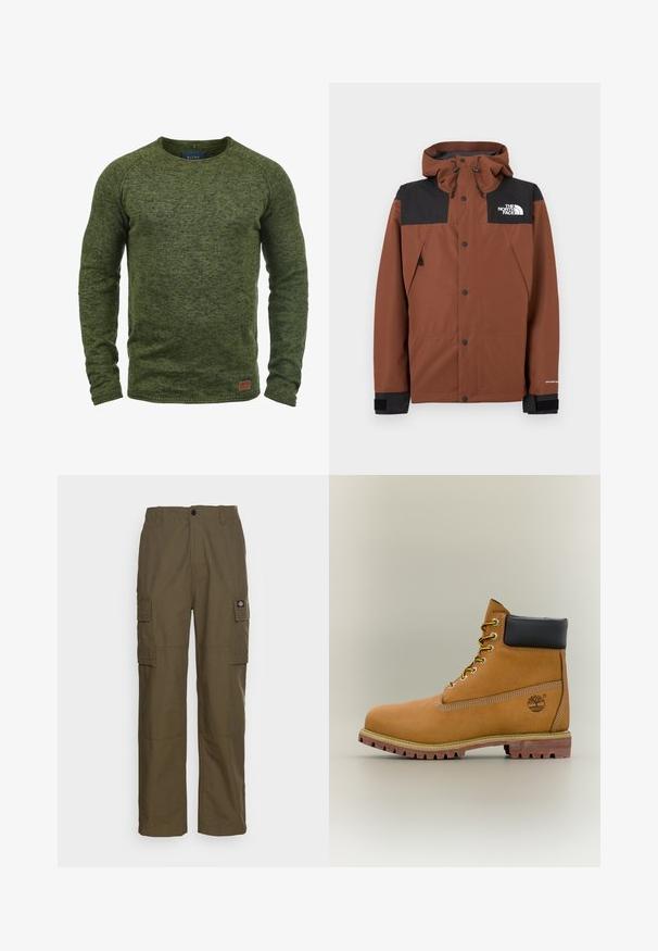 Veste zippée marron avec une partie supérieure noire, capuche réglable et logo sur la poitrine. Dotée de boutons-pression et de poignets élastiques.; Pull vert en tricot texturé, avec un col rond, des manches longues et un petit patch logo marron en bas à l'avant.; Pantalons cargo en vert olive, fabriqués en tissu durable. Présentent deux poches latérales, une taille standard et une coupe droite.; Bottine en cuir marron avec col noir, lacets jaunes et semelle beige. Présente un logo et des détails de couture blanche. Semelle extérieure à traction robuste.