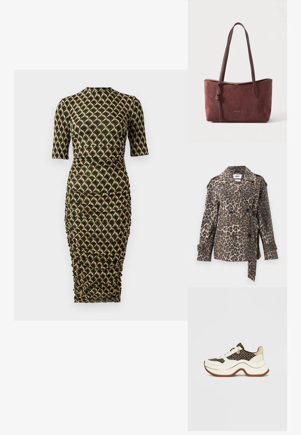 Trenchcoat med leopardprint i tan og sort stof. Dobbeltradet design med store knapper, bælte i taljen og skulderepauletter.; Tætsiddende knælang kjole med trekvartærmer, høj halsudskæring, draperede sider og grøn, sort og beige geometrisk diamantmønster.; Hvid og brun sneaker med mønstret overdel, kraftig sål og gyldne detaljer. Har snøredesign og lille logo-vedhæng på siden.; Brun ruskindstaske med lange læderremme og gyldent logo vedhæng, rektangulær form og subtilt mærkenavn foran.
