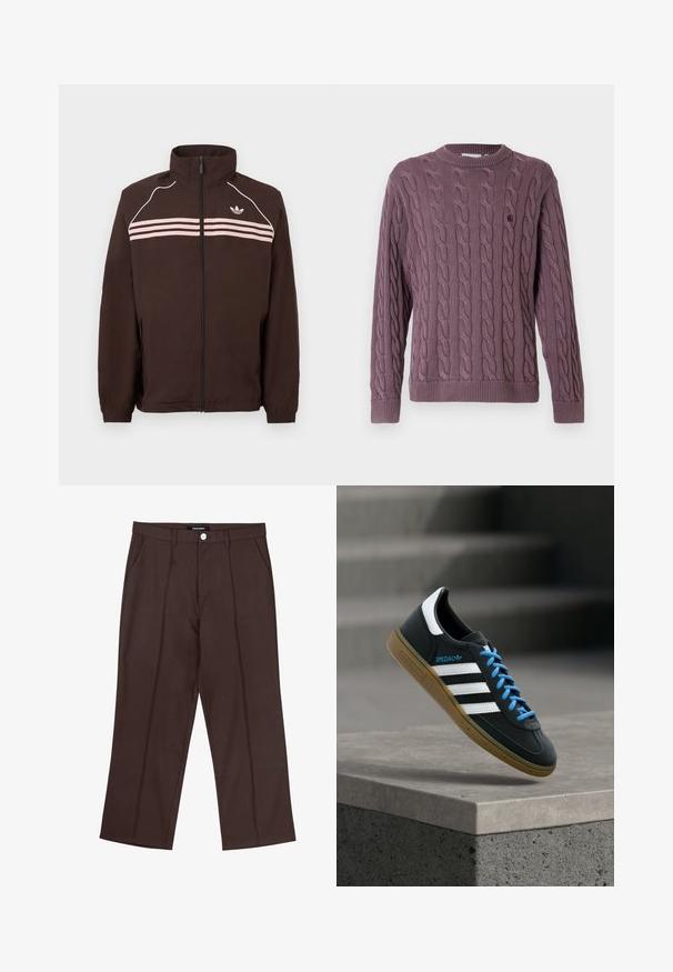 Chaqueta marrón con cremallera y cuello alto, rayas horizontales rosas claras, ribete blanco en los hombros y pequeño logo de Adidas en el pecho.; Suéter de punto trenzado en malva, con cuello redondo y puños acanalados, y un pequeño logo en el pecho como detalle adicional.; Pantalones rectos marrones con pliegues frontales, bolsillos laterales, pasadores para cinturón y un cierre de botón de marca en la cintura.; Zapatilla negra Adidas con franjas blancas, cordones azules y suela de goma flotando sobre un escalón de hormigón gris con luz suave.