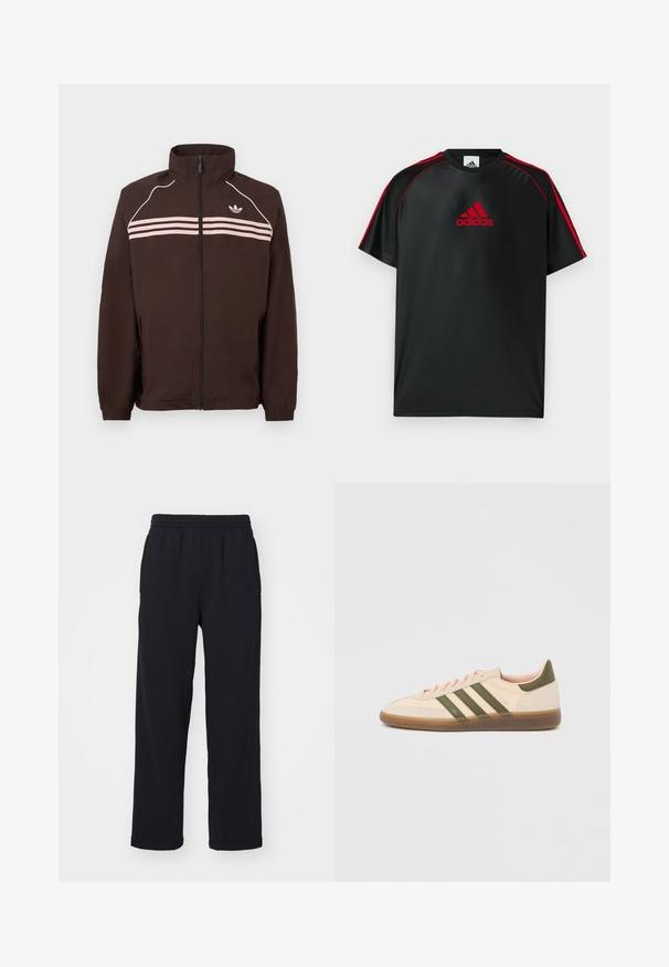 Brun lynlåstrøje med høj krave, lyserøde vandrette striber, hvid piping på skuldrene og lille Adidas-logo på brystet.; Sort atletisk t-shirt med røde detaljer og logo. Fremstillet af glat, let stof. Har rund hals og korte ærmer.; Sorte sweatpants med elastisk talje, lige ben og stikninger. Fremstillet af blødt, tekstureret stof.; Beige Adidas Spezial sneaker med lav profil, grønne striber, gummisål og "SPEZIAL"-branding på siden, vist fra ydersiden.