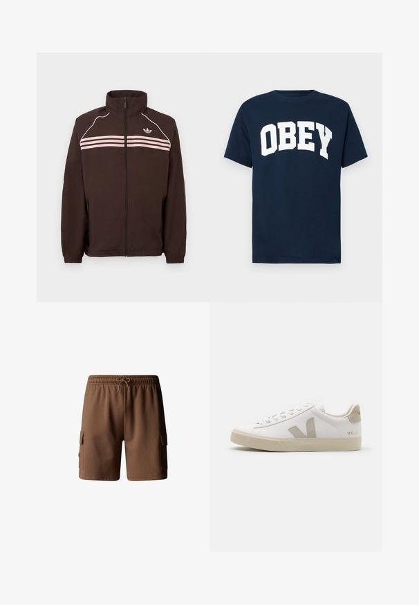 Bruine jas met ritssluiting en hoge kraag, lichtroze horizontale strepen, witte bies op de schouders en klein Adidas-logo op de borst.; Navyblauw T-shirt met korte mouwen met grote witte letters "OBEY" in blokletters gedrukt over de borst.; Bruine katoenen cargoshorts met een elastische tailleband, koordsluiting en twee zijzakken. Soepele textuur en lengte boven de knie.; Witte leren sneaker met beige accenten, platte rubberen zool, ronde neus en contrasterend logo aan de zijkant en achterkant. Vetersluiting.