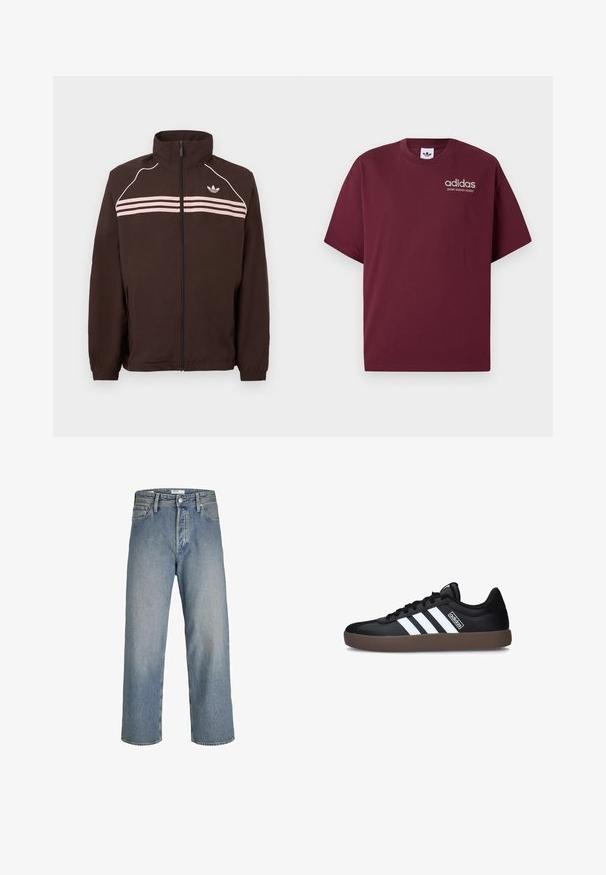 Bruine jas met ritssluiting en hoge kraag, lichtroze horizontale strepen, witte bies op de schouders en klein Adidas-logo op de borst.; Bordeaux kortebragige t-shirt van katoen. Heeft een ronde hals en een klein wit "adidas" logo met daaronder "SPORT DESIGN STUDIO".; Lichtblauwe denim jeans met een losse pasvorm, hoge taille en rechte pijpen. Bevat voorzakken en een metalen knoopsluiting.; Zwarte sport schoenen met witte strepen, een slank ontwerp, rubberen zool en een gestructureerde bovenkant. De branding aan de zijkant is minimaal en subtiel.