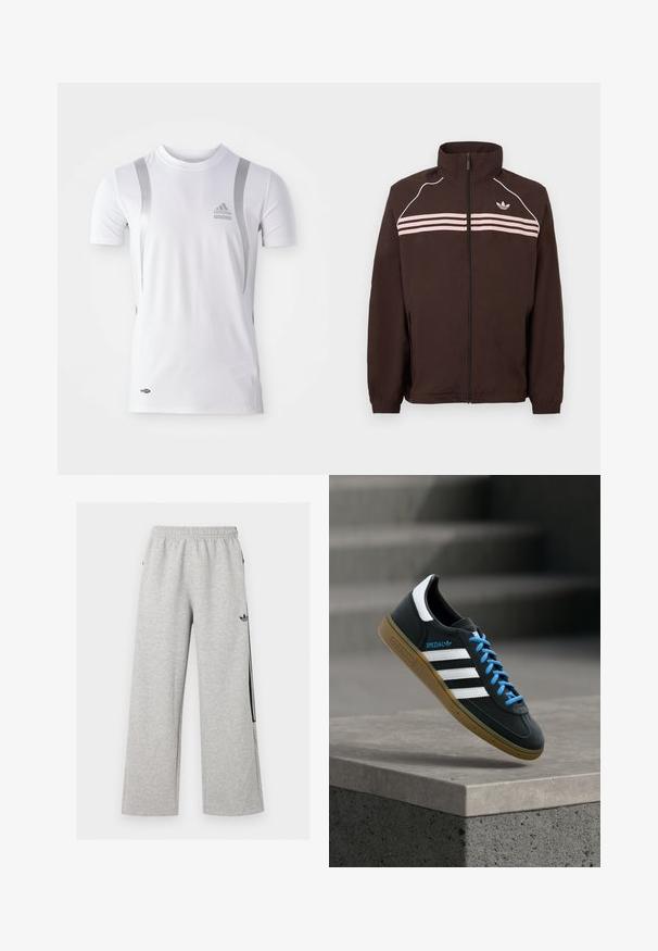 Braune Jacke mit Reißverschluss, hohem Kragen, hellrosa horizontalen Streifen, weißer Paspelierung an den Schultern und kleinem Adidas-Logo auf der Brust.; Weißes athletic Shirt mit kurzen Ärmeln und silbernen Akzenten, runder Ausschnitt und einem Adidas-Logo auf der Brust. Hergestellt aus feuchtigkeitsableitendem Stoff.; Hellgraue weite Sweatpants mit elastischem Bund und schwarzem Adidas Trefoil-Logo am rechten Oberschenkel.; Schwarzer Adidas-Sneaker mit weißen Streifen, blauen Schnürsenkeln und Gummisohle, der über einer grauen Betontreppe im weichen Licht schwebt.