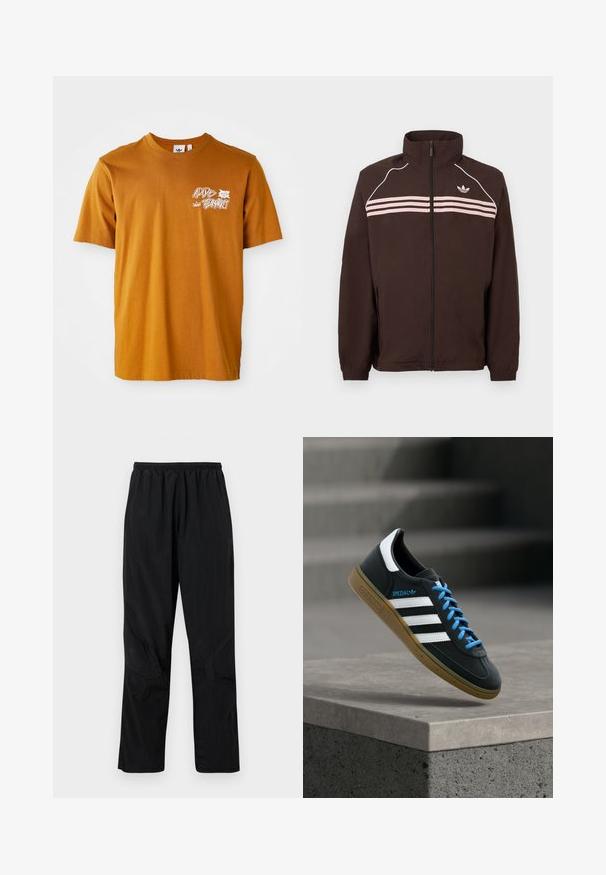 Chaqueta marrón con cremallera y cuello alto, rayas horizontales rosas claras, ribete blanco en los hombros y pequeño logo de Adidas en el pecho.; Camiseta de algodón marrón con cuello redondo, mangas cortas, que presenta un texto gráfico blanco y un diseño de hojas en la parte frontal.; Pantalones de nylon negros con una cinturilla elástica, que presentan un acabado ligero y texturizado y acentos en las costuras para un diseño moderno.; Zapatilla negra Adidas con franjas blancas, cordones azules y suela de goma flotando sobre un escalón de hormigón gris con luz suave.