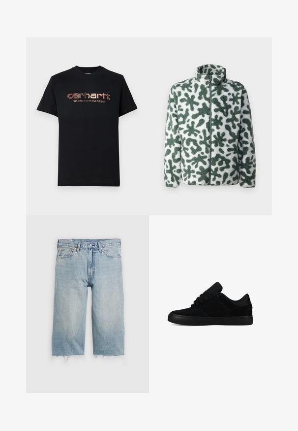 Veste en polaire avec un col montant, présentant un motif abstrait vert et blanc, fermeture éclair et surface texturée.; T-shirt noir à manches courtes avec logo métallique cuivre « Carhartt WORK IN PROGRESS » centré sur la poitrine.; Shorts en denim bleu clair avec une coupe droite, ourlet effiloché, design à cinq poches et fermeture par bouton à la taille.; Baskets noires avec une tige en suède et mesh, dotées d'une semelle en caoutchouc plate, d'un bout arrondi et d'un design classique à lacets.