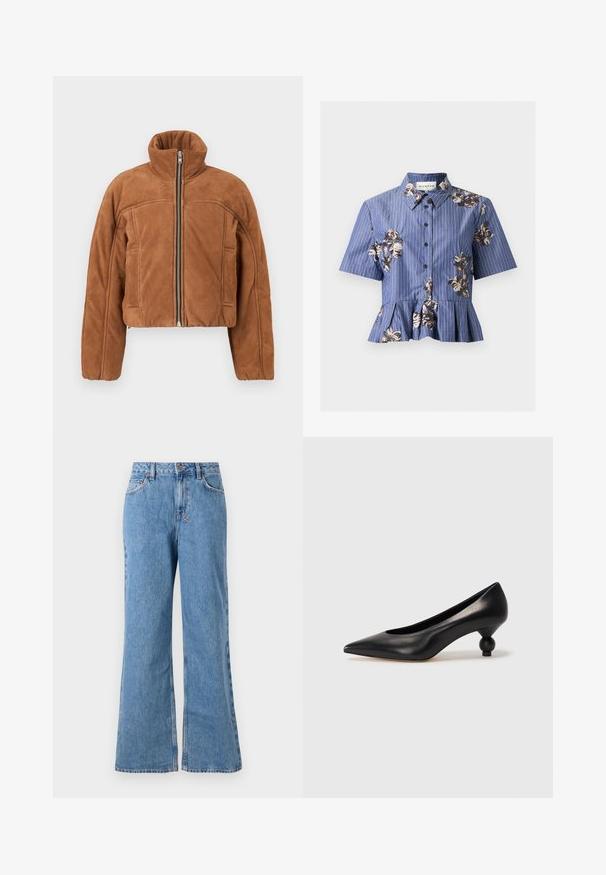 Veste courte en suédine marron avec col montant, fermeture éclair frontale et poches latérales. Présente un design minimaliste avec des détails de couture subtils.; Blouse bleue à manches courtes boutonnée, avec fines rayures blanches, broderie florale en sequins, col et bas peplum plissé.; Jean large en denim bleu clair à taille haute, avec fermeture à bouton et à glissière, poches frontales et texture décolorée.; Chaussure à talon haut en cuir noir avec un bout pointu et un talon arrondi. Texture lisse avec un design épuré et minimal.