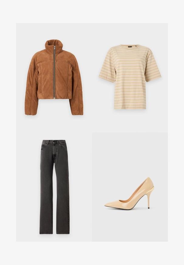 Bruine cropped jas van imitatie suède met een hoge kraag, een rits aan de voorkant en zijzakken. Heeft een minimalistisch ontwerp met subtiele stikdetails.; Beige T-shirt met korte mouwen, dunne witte horizontale strepen en een ronde hals.; Zwarte rechte jeans met voorzakken, riemlussen, knoopsluiting en zichtbare stitching op een witte achtergrond.; Beige lakleren pump met hoge hak, spitse neus en slanke stilettohak, met een klein gouden accent aan de achterkant.