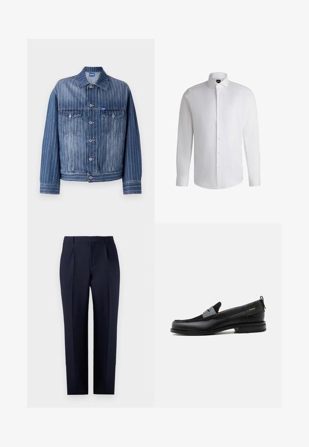 Blauwe spijkerjas met verticale witte streepjes, twee borstzakken, knoopsluiting en een klassieke kraag. HUGO-logo op het label.; Witte lange mouwen shirt van soepel katoen, met een klassieke kraag, volledige knoopsluiting en knoopmanchetten. Minimalistisch ontwerp.; Marineblauwe tailored broek gemaakt van gestructureerde stof, met een rechte pasvorm, voorplooien en een klassieke tailleband met riemlussen.; Zwarte leren loafer met grijs riemdetailelement, lage hak en gestructureerde zool, aan de zijkant gebrandmerkt met "HUGO" in goud.