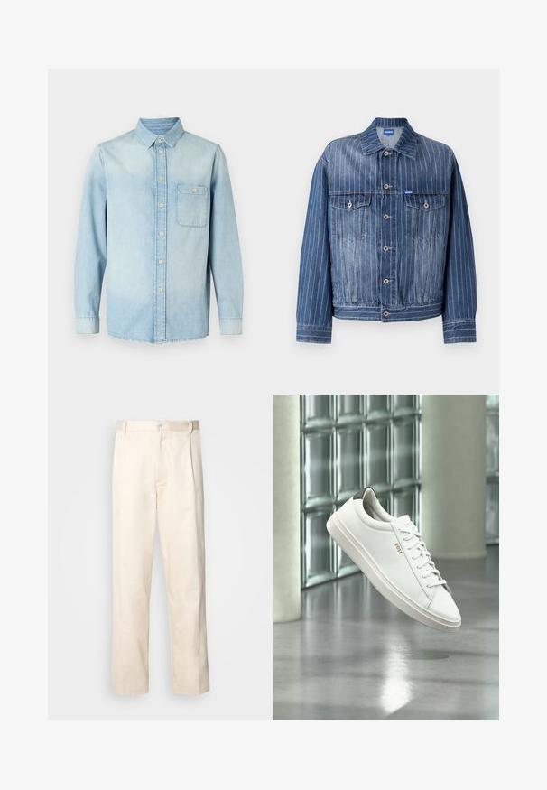 Veste en denim bleu avec des rayures blanches verticales, deux poches poitrine, fermetures à boutons et un col classique. Logo HUGO sur l'étiquette.; Chemise en denim bleu clair à manches longues, avec un devant à boutons, un col et une poche poitrine unique. Texture lisse et design classique.; Pantalon en coton beige avec une coupe droite, présentant une fermeture à bouton et des plis sur le devant pour plus de détails.; Baskets basses en cuir blanc avec lacets, languette de talon noire et logo « BOSS », flottant à l'intérieur près d'un mur en blocs de verre et d'un sol poli.
