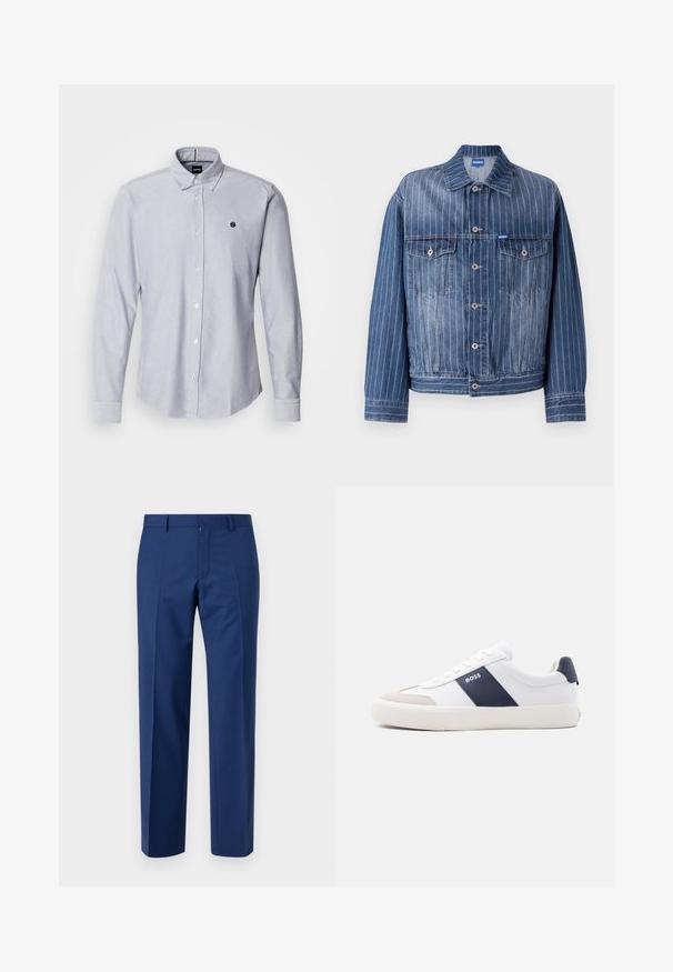 Blå denimjakke med lodrette hvide striber, to brystlommer, knaplukning og klassisk krave. HUGO-logo på mærket.; Lyseblå skjorte med lange ærmer, lavet af et struktureret stof. Har et lille logo på venstre bryst og standard manchetter.; Mørkeblå bukser med lige ben design, der har flad front, subtil tekstur, bæltestropper og lynlåsstop.; Hvid sneakers med lav top med navyblå side stribe, "BOSS" logo, beige tåbeskytter og hvid sål, vist i profil på en lys baggrund.