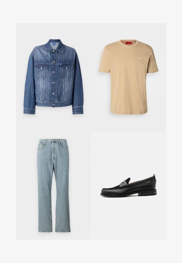 Veste en denim bleu avec des rayures blanches verticales, deux poches poitrine, fermetures à boutons et un col classique. Logo HUGO sur l'étiquette.; T-shirt en coton beige avec un col rond, des manches courtes et un petit logo blanc "HUGO" sur la poitrine. Texture lisse sans motifs.; Jeans en denim bleu clair à taille haute, avec des jambes droites larges et des coutures simples. Comprend cinq poches et une fermeture à bouton classique.; Mocassin en cuir noir avec détail de bride grise, talon bas et semelle texturée, marqué "HUGO" en or sur le côté.