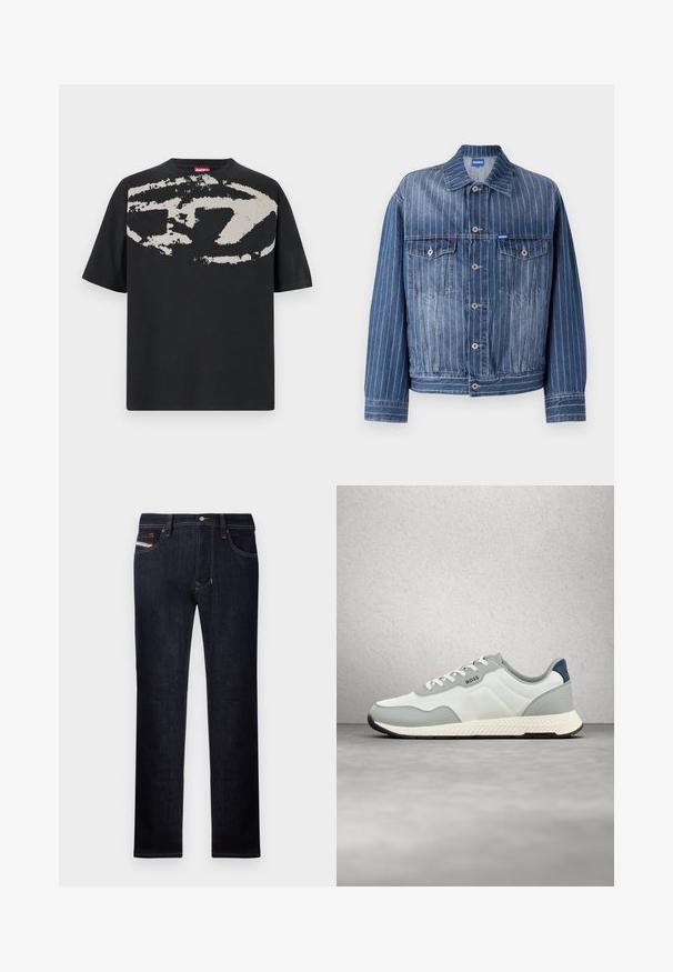 Chaqueta de mezclilla azul con rayas blancas verticales, dos bolsillos en el pecho, cierre de botones y un cuello clásico. Logotipo HUGO en la etiqueta.; Camiseta negra con un gran gráfico abstracto en gris claro en la parte frontal. Mangas cortas y un cuello redondeado clásico. Material de algodón.; Vaqueros de denim azul oscuro con diseño de pierna recta, que cuentan con cinco bolsillos, un cierre de botón y acentos de costura en contraste.; Zapatilla BOSS blanca y gris con cordones, suela texturizada y pestaña azul en el talón, flotando sobre un suelo de hormigón gris cerca de bloques de vidrio.