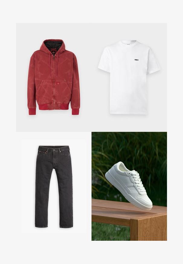 Rote Kapuzenjacke mit strukturierter Oberfläche, Reißverschluss, Vordertaschen und gerippten Bündchen. Schwarzes Futter und kleines Logolabel vorne.; Weißes T-Shirt mit kurzen Ärmeln und Rundhalsausschnitt mit kleinem schwarzem "OBEY"-Textlogo auf der linken Brustseite vor einfarbigem Hintergrund.; Schwarze gerade geschnittene Jeans aus Denim mit fünf Taschen, Knopfverschluss und Kupfernieten auf einem weißen Hintergrund flach ausgelegt.; Weiße Ledersneaker mit glatter Oberfläche, ausgestattet mit einem perforierten Design, klassischer Schnürung und Gummisohle, positioniert auf einer Holzoberfläche.