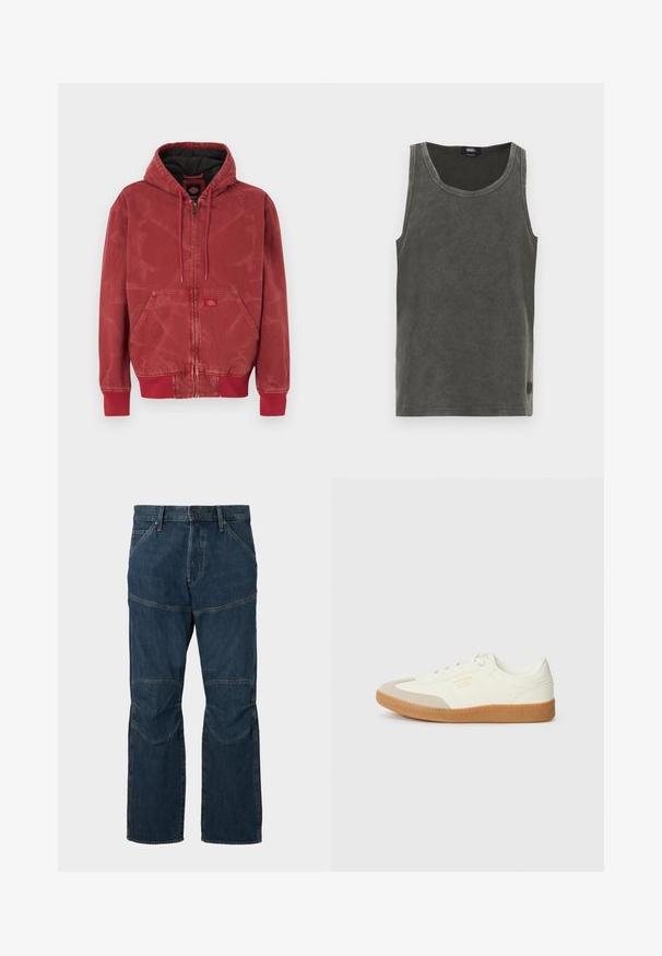 Rød hættejakke med tekstureret finish, lynlåslukning, frontlommer og ribbet manchetter. Sort foer og lille logomærke foran.; Ærmeløs, mørkegrå tanktop lavet af ribstrikket stof, med rund halsudskæring, lige kant og et lille mærke med logo i siden.; Mørkeblå denim jeans med forstærkede knæpaneler, frontknap og lynlås lukning samt forlommer på en ensfarvet baggrund.; Sneaker lavet af hvid læder med en beige tåhætte og let brunt gummisål. Har flade hvide snørebånd og prægede branding på siden.