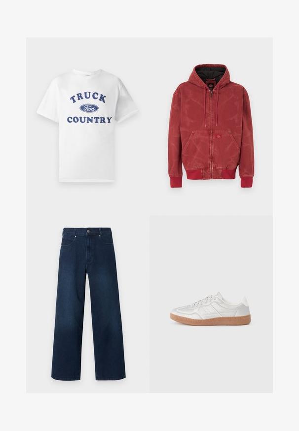 Rød hættejakke med tekstureret finish, lynlåslukning, frontlommer og ribbet manchetter. Sort foer og lille logomærke foran.; Hvid bomulds t-shirt med blå trykt tekst "TRUCK COUNTRY" og et blåt ovalt "Ford"-logo i midten. Korte ærmer og rund hals.; Mørkeblå, vidde jeans med knap- og lynlåslukning foran, for- og baglommer, vist mod en hvid baggrund.; Sølv sneakers med en glat overflade, snørebånd, perforerede detaljer og en struktureret brun gummi sål.