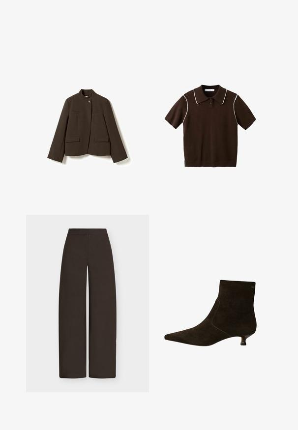 Dunkelbrauner Blazer mit hohem Kragen, Ein-Knopf-Verschluss, zwei Brustleistentaschen und zwei Pattentaschen an der Taille, flach liegend dargestellt.; Braunes kurzärmeliges Polohemd mit weißer Paspelierung entlang des Kragens und der Schulternähte, mit zwei Knöpfen auf der Blende.; Braune, weit geschnittene Hose mit hoher Taille und glatter Vorderseite, vor einem hellgrauen Hintergrund präsentiert.; Braune Wildleder-Stiefeletten mit spitzer Zehenform, niedrigem Kitten-Heel und seitlichem elastischem Detail für einen perfekten Sitz. Schlichtes Design ohne zusätzliche Verzierung.