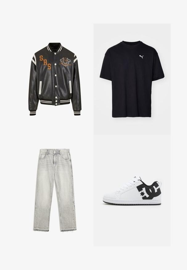 Schwarze Leder-Collegejacke mit weißen und orangefarbenen Akzenten. Verfügt über Druckknöpfe, bestickte Logos, Seitentaschen sowie gestreifte Bündchen und Saum.; Schwarzes Baumwoll-T-Shirt mit kurzen Ärmeln, Rundhalsausschnitt und einem weißen Puma-Logo auf der linken oberen Brustseite. Klassische Passform, glatte Textur.; Hellgraue Jeans aus Denim mit leicht gefärbtem Finish, geradem Schnitt, fünf Taschen-Design und ausgefranstem Saum. Flacher Bund mit Gürtelschlaufen.; Weiße Sportschuhe mit einem glatten synthetischen Obermaterial, das schwarze Logoakzente und eine Gummisohle aufweist. Schnürdesign, runde Zehenform.