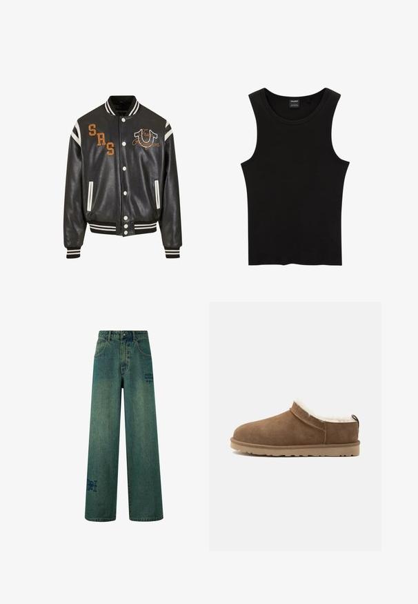 Schwarze Leder-Collegejacke mit weißen und orangefarbenen Akzenten. Verfügt über Druckknöpfe, bestickte Logos, Seitentaschen sowie gestreifte Bündchen und Saum.; Schwarzes, geripptes Tanktop mit rundem Halsausschnitt und weiten Armausschnitten, aus einem weichen, dehnbaren Stoff. Marke: Pull&Bear.; Weite Jeans aus dunkelblauem Denim mit einer dezenten, verblassten Textur. Mit Gesäßtaschen und einem dekorativen Logodetail.; Brauner Velours-Slipper mit beiger Sohle und weißem Fleecefutter, für Wärme und Komfort im Innenbereich konzipiert.