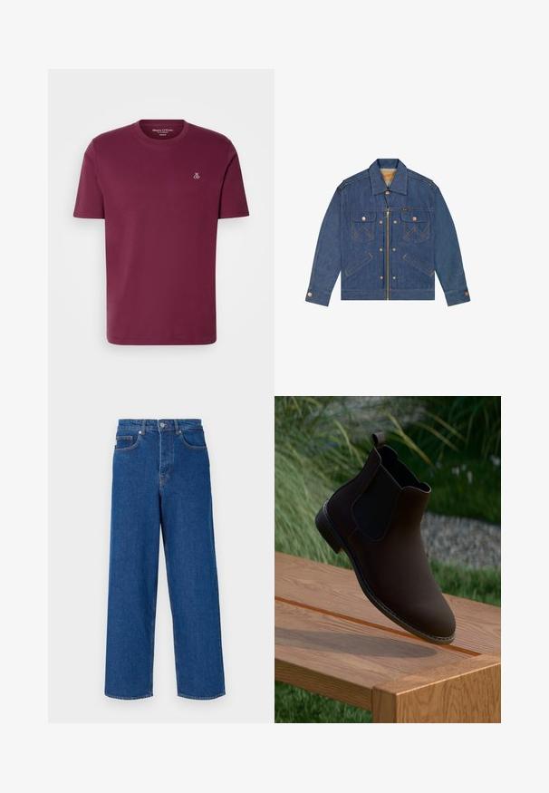 Blå denimjakke med lynlås foran og knaplukning, to brystlommer med klap, sidelommer og kobberfarvet hardware.; Bordeaux bomulds t-shirt med rund hals, korte ærmer og et lille hvidt "M OP" logo på brystet. Glat tekstur og almindelig pasform.; Bredde ben blå jeans lavet af denim, med høj talje, fem-lomme design og kontrastsyninger langs sømene og lommerne.; Brune læder ankelstøvle med elastiske sidelapper, rund tå, lav hæl og en flap til nemt at trække den på, hvile på en træoverflade.