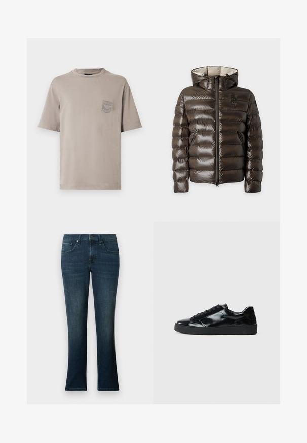 Veste matelassée marron foncé brillante avec capuche, fermeture éclair à l'avant, deux poches avant zippées et un petit patch logo noir et jaune sur la poitrine.; T-shirt en coton gris à manches courtes, col rond et petite poche poitrine ornée du logo de la marque brodé. Texture douce et coupe décontractée.; Jean bleu foncé avec une coupe droite, fabriqué en tissu denim, doté d'une fermeture à boutons sur le devant et de cinq poches.; Baskets en cuir verni noir avec un bout arrondi, un laçage, une semelle en caoutchouc texturé et une finition lisse.