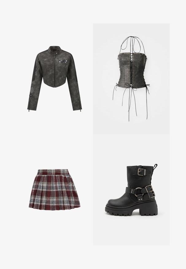 Kort grå jakke i kunstlæder med høj krave, lynlåslukning, sorte accentstriber og broderede mærker på brystet og ærmet.; Jaded London LONGLINE LACE UP HALTER CORSET - Top - black; Rød og sort ternet plisseret nederdel med et struktureret stof. Har en tætsiddende talje og et svungent design med skiftende hvide og grønne linjer.; Sort læder ankelstøvle med en kraftig sål, spænde- og remdetaljer samt en tekstureret overflade. Har en hælrem for nem påklædning.