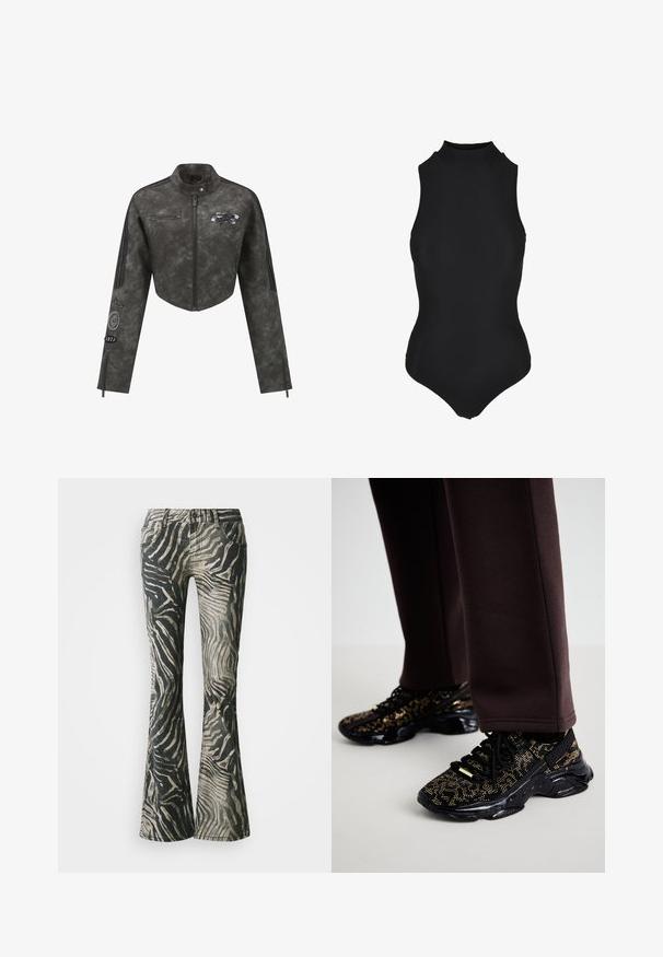 Veste courte en similicuir gris avec col montant, fermeture éclair, bandes noires accentuées, et patchs brodés sur la poitrine et la manche.; Body noir sans manches en rib avec col montant et silhouette ajustée.; Jean évasés avec un motif zèbre noir et beige, en denim, dotés d'un design à cinq poches et de détails de couture visibles.; Des baskets noires avec des éclats dorés, une surface texturée et une semelle noire épaisse. Associées à un pantalon de survêtement brun, montrant un design ajusté.