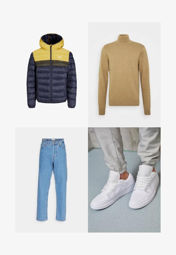 Vaatteita pehmustettu takki, jossa on huppu, keltainen yläosa, tummansininen runko ja tumma vihreä raita. Teksturoitu pinta ja vetoketjulliset taskut.; Beige turtleneck-neule, joka on valmistettu pehmeästä neulosmateriaalista. Ominaisuuksiin kuuluvat pitkät hihat ja tiukka muotoilu. Ribperoitu helma ja kauluskoristeet.; Vaaleansiniset korkeavyötäröiset suorat farkut, joissa edessä nappi, vetoketjukiinnitys, vyölenkit ja viisi taskua valkoisella taustalla.; Valkoiset nahkakengät, joissa on rei'itetty kärki, litteät nauhat, pehmustettu kaulus ja Jordan-logo kielellä. Yhdistetty harmaisiin jogger-housuihin.